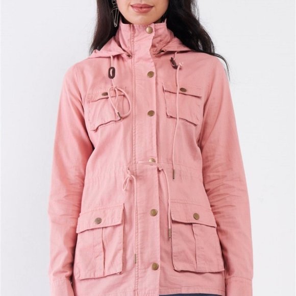 Washed Blush Pink Cotton Front Zip-Up Button Down Detachable Hood Utility Jacket - Picture 2 of 5